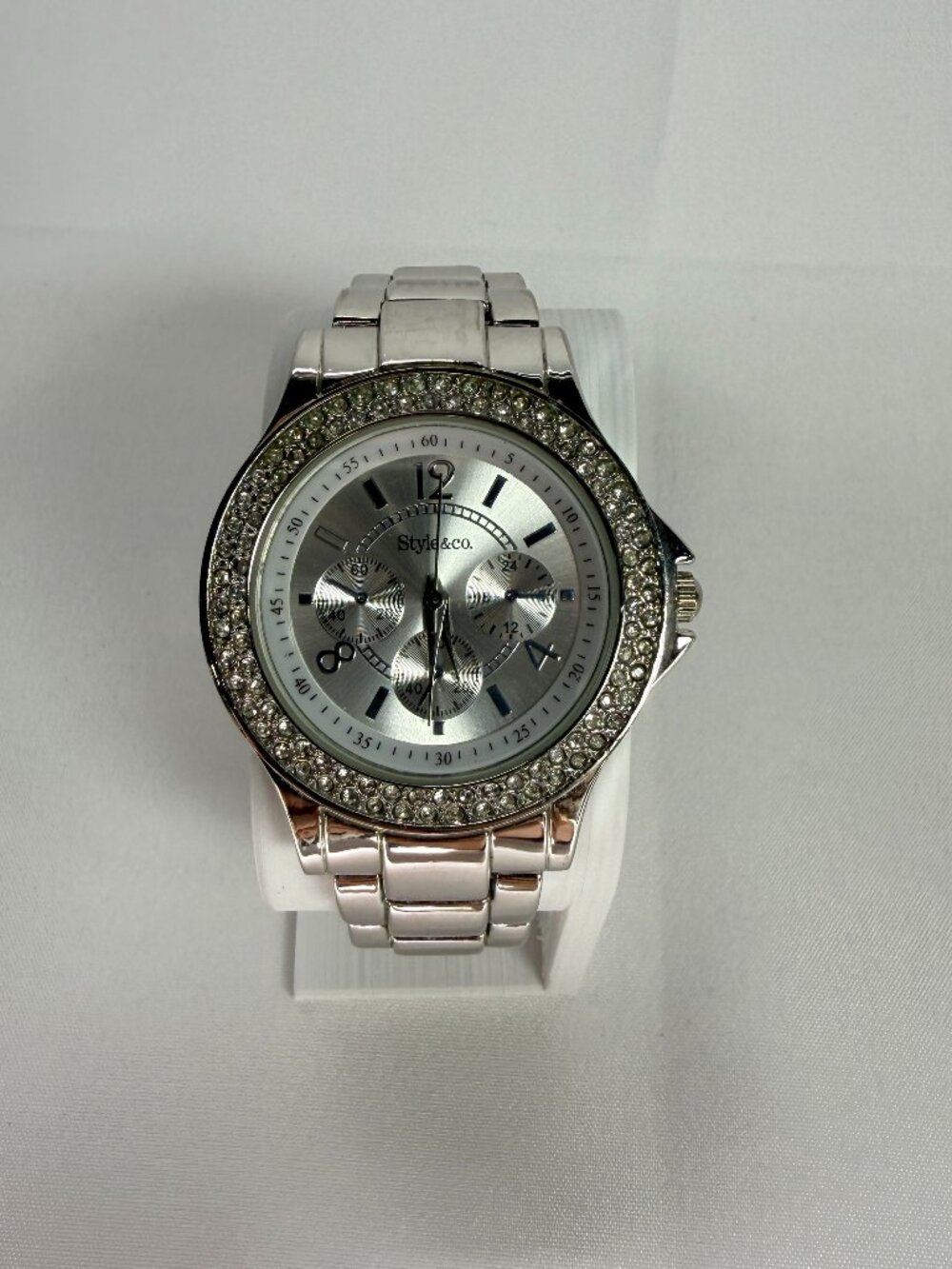 Style & Co Silver Tone Dial Crystal Accent Round Case Stainless Steel Band Watch